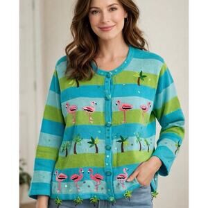 Jack B Quick Flamingo Cardigan Size XL Embellished Beaded Cotton Ramie Whimsical